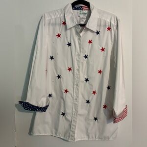 The Quacker Factory Womens Small White Woven Red Blue Stars Rhinestone Patriotic
